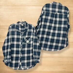 Terra & Sky Flannel Shirt Women 1X/16-18W Navy Blue Plaid Button Top Long Sleeve